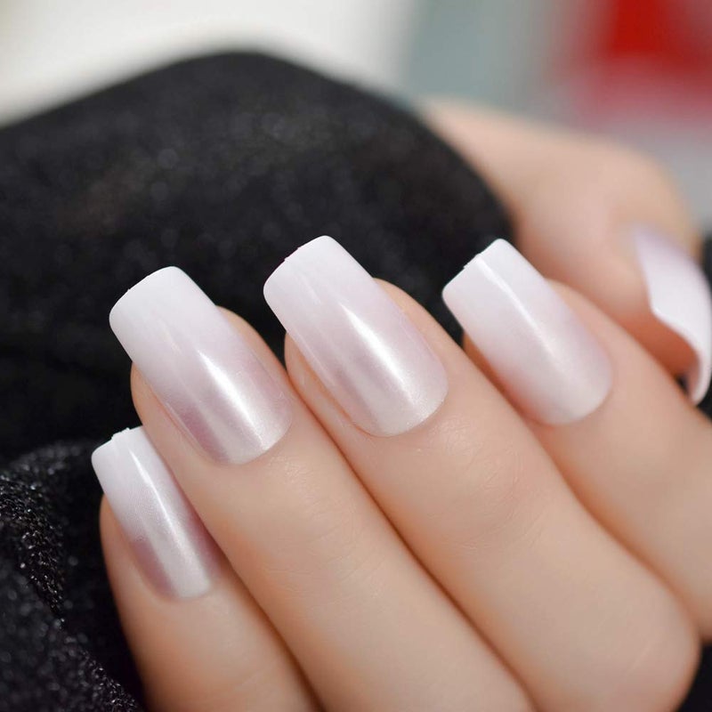 EchiQ Pearl Shine Glossy Fake Nails Shimmer White Square French Nail Ombre Faux Ongles Gradient Medium Fingernails with Gluetabs - Image 5
